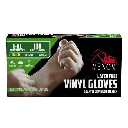 VENOM STEEL Vinyl Disposable Gloves, 3 mil Palm, Vinyl, Powdered, L/XL, Clear VEN4135